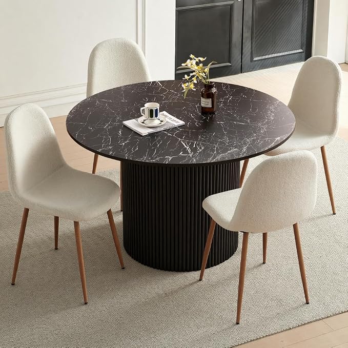 Dining Table Set for 4, Mid Century Modern 47 Inch Black Marble-Look Wooden - Image 7