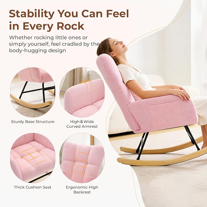 DUMOS Nursery Rocking Chair Teddy Upholstered, Comfy Glider Rocker - Image 4