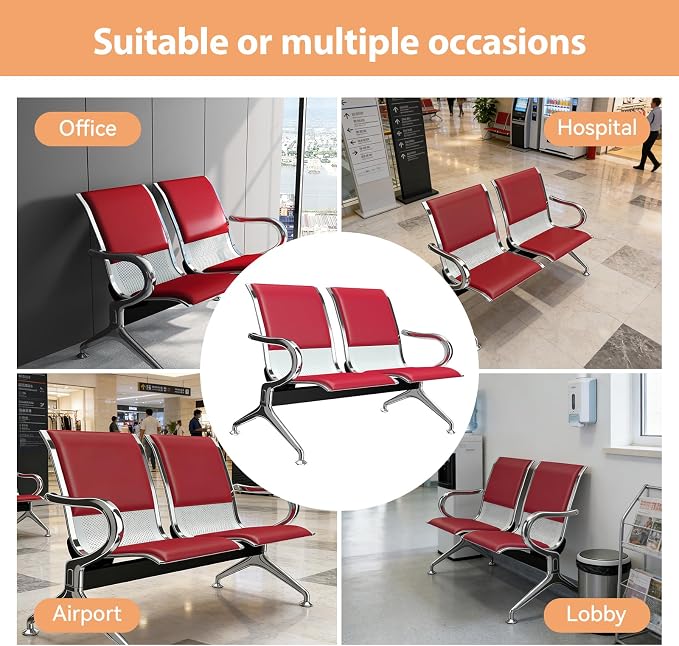 Kinfant 2-Seat PU Leather Waiting Room Bench – Red Reception Chair - Image 4