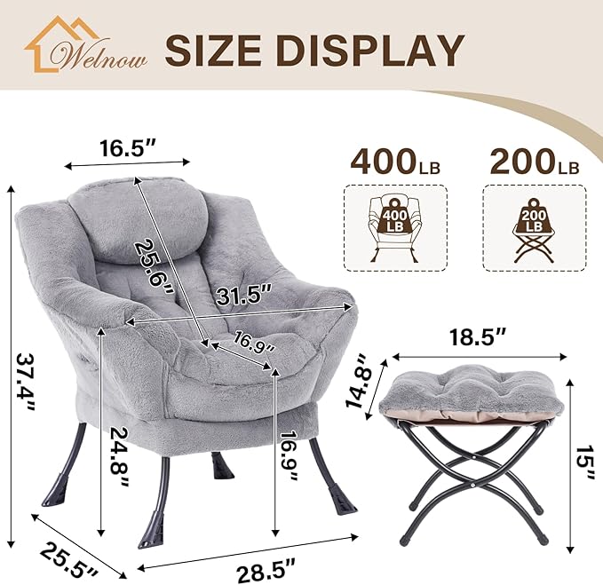 Welnow Lazy Chair with Ottoman, Modern Accent Chair with Armrests and a Side - Image 3