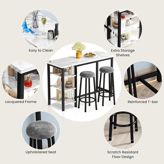AWQM Bar Table Set with Storage Shelves, 3-Piece Dining Set - Image 6