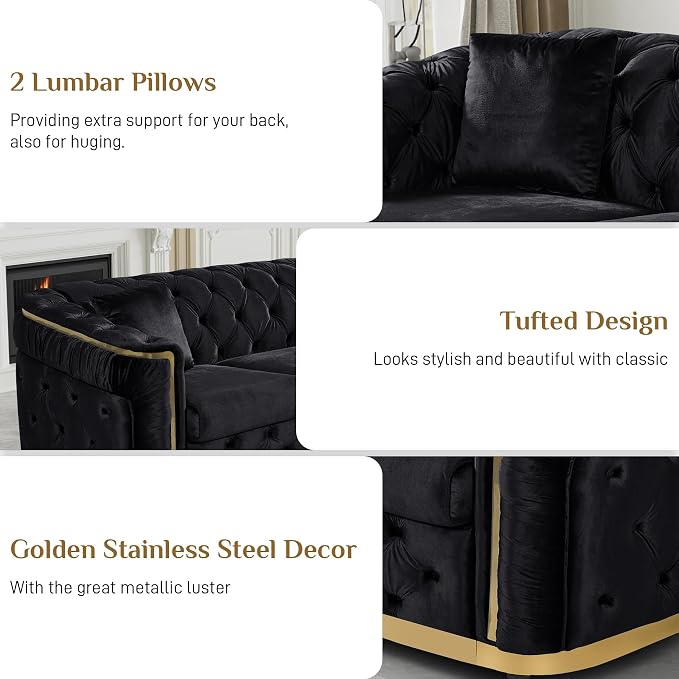 DAMAIFROM Luxury Velvet Couch Set Black and Gold Sofa, Mid Century Modern - Image 4