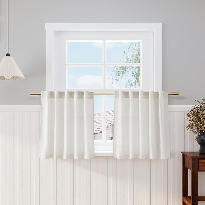 Cream Linen Cafe Curtains 24 Inch Length 2 Panels Light Filtering Semi Sheer by Nanspring