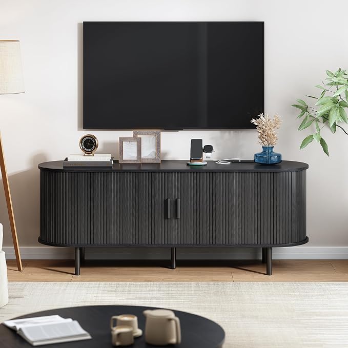 55" TV Stand with Power Outlet, Modern Media Console with Sliding Doors - Image 7