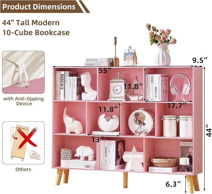 LEYAOYAO 10 Cube Bookshelf, 3 Tier Vintage 55" Wide Bookcase - Image 2