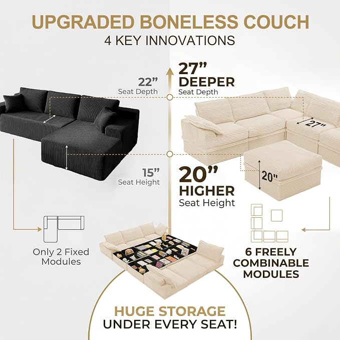 Upgrade Boneless Couch with Storage, Extra Deep&High Seat Modular Sectional - Image 6