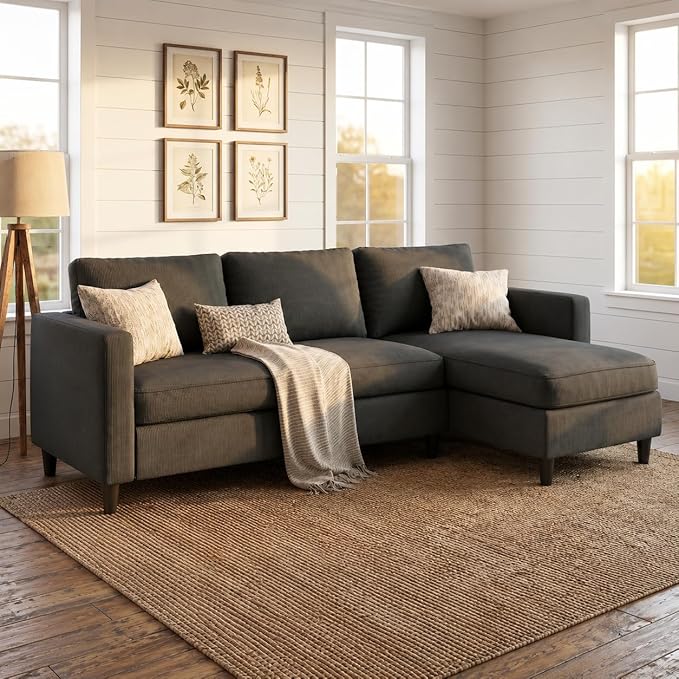 SUNLEI Small L-Shaped Sectional Couch, Modern Grey Couch by SUNLEI