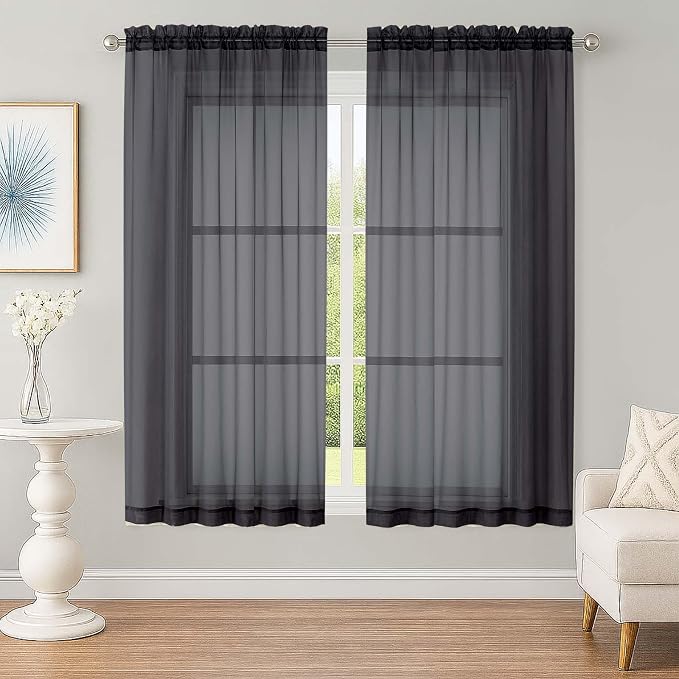 Sheer Black Curtains, Sheer Curtains 63 inch Length 2 Panels Set, Rod Pocket by OWENIE