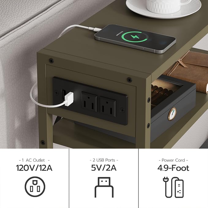 Leomonio Green Side Table with Charging Station, Slim End Tables with Linen - Image 5