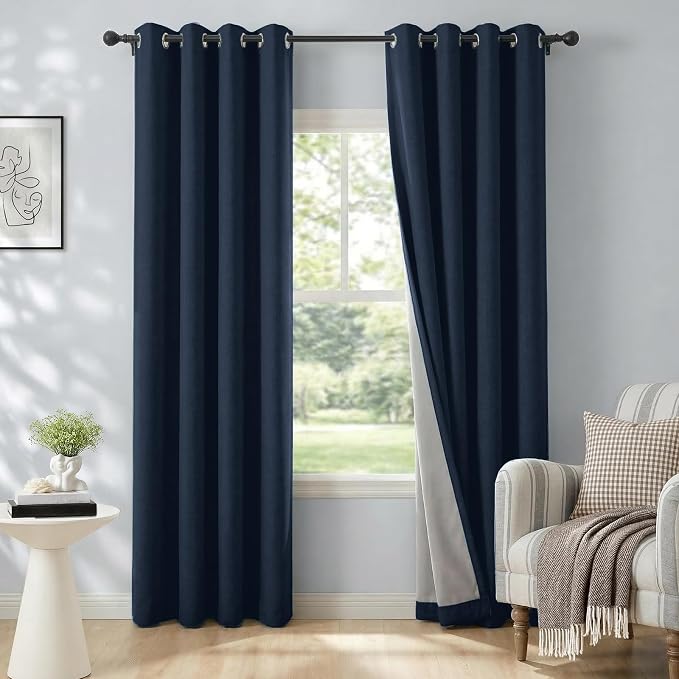 100% Blackout Linen Textured Curtains 72 Inch Long, Midnight Blue | 100% by 100BlackoutShield
