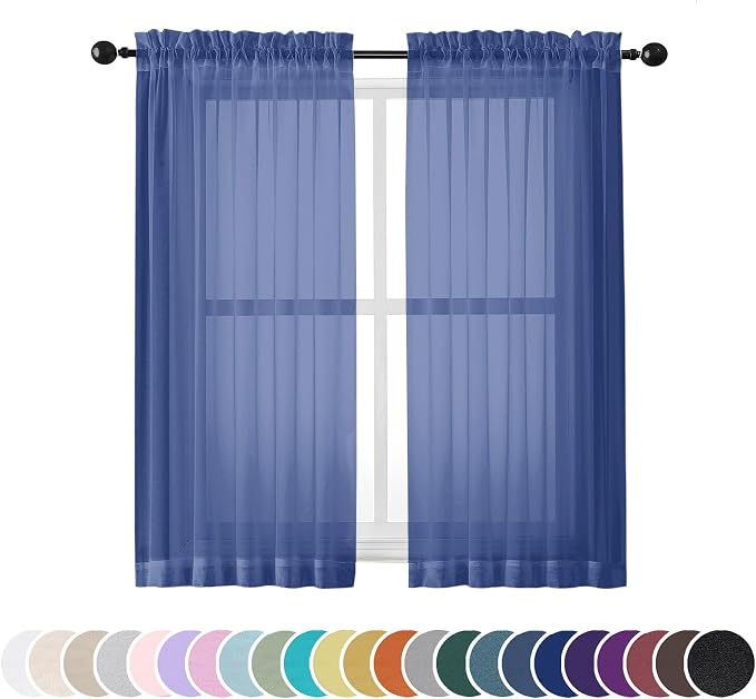 Sheer Curtains 54 Inch Length 2 Panels Set, Royal Blue Clear Sheer Short by OWENIE