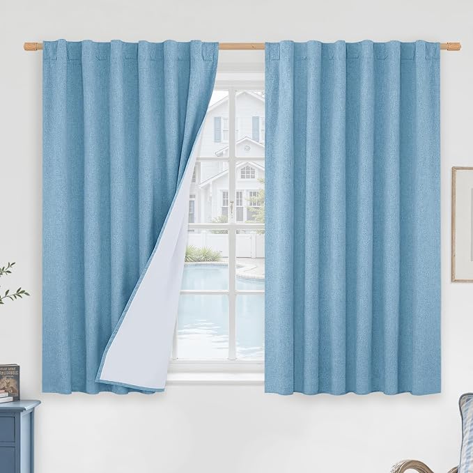 Full Blackout Linen Bedroom Curtains 54 Inch 2 Panels, Privacy Protected by LAMIT