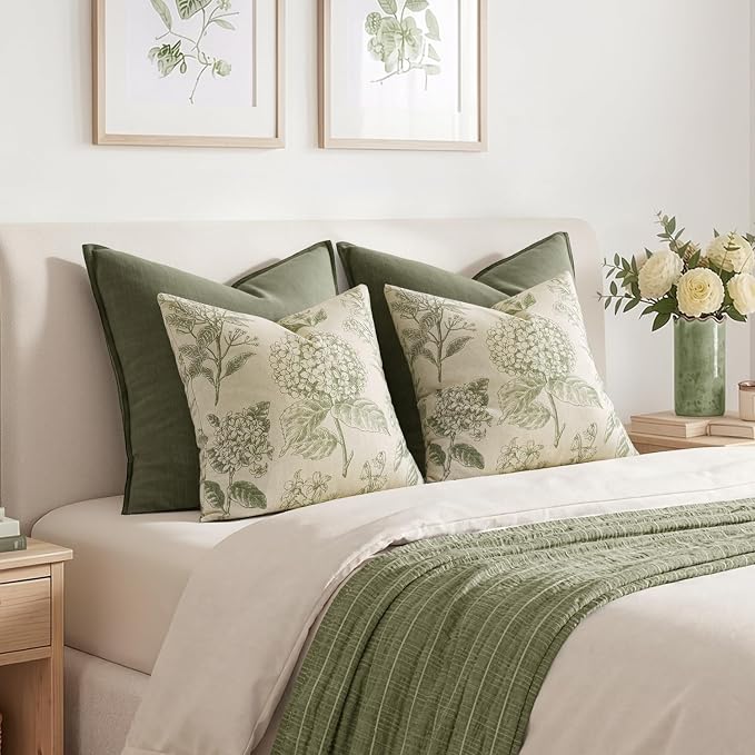 Set of 2 Decorative Floral Pillow Covers 20x20 Inch Sage Green | Neutral - Image 6