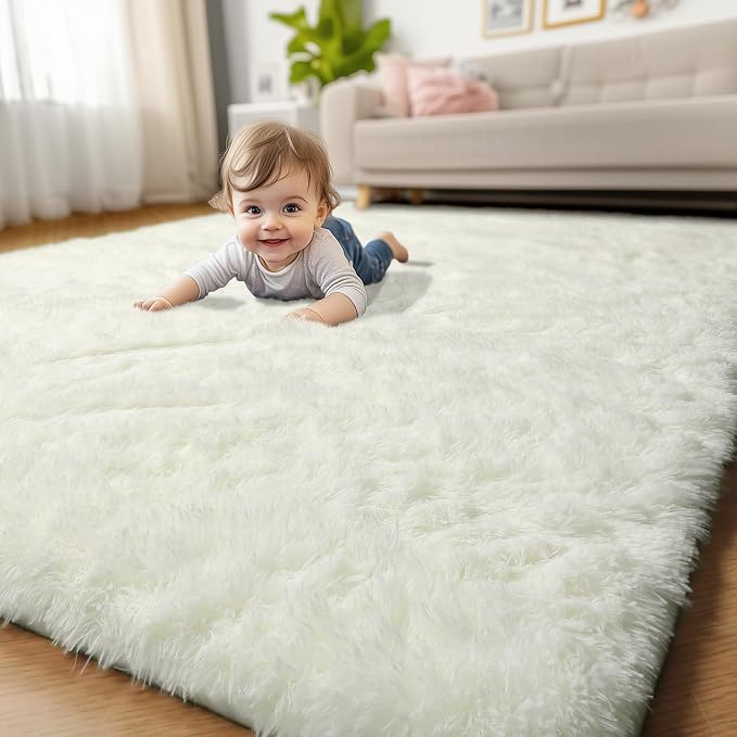 Amdrebio Cream Ivory White Shag Area Rug 5x8 - Image 7