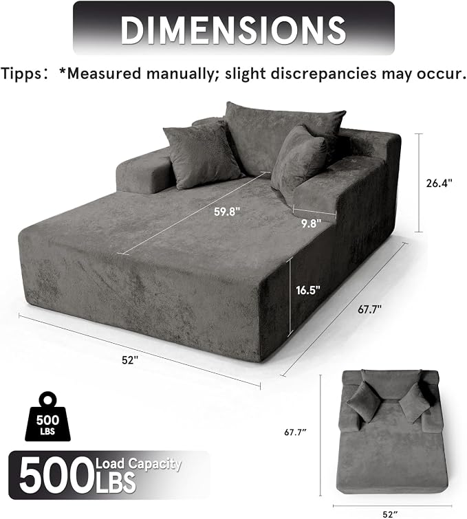 Sytopia Chaise Lounge with Armrests, Oversized Sofa Bed with 3 Pillows - Image 2