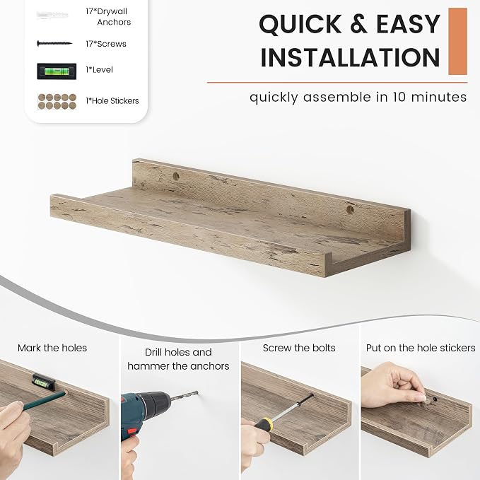 Floating Picture Ledge Shelves for Wall Set of 8, 16 Inch Wall Shelves - Image 5