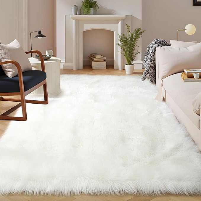 Latepis White Faux Fur 7'10"x9'10" Area Rug, Soft Plush Faux Fur Sheepskin Rugs by Latepis