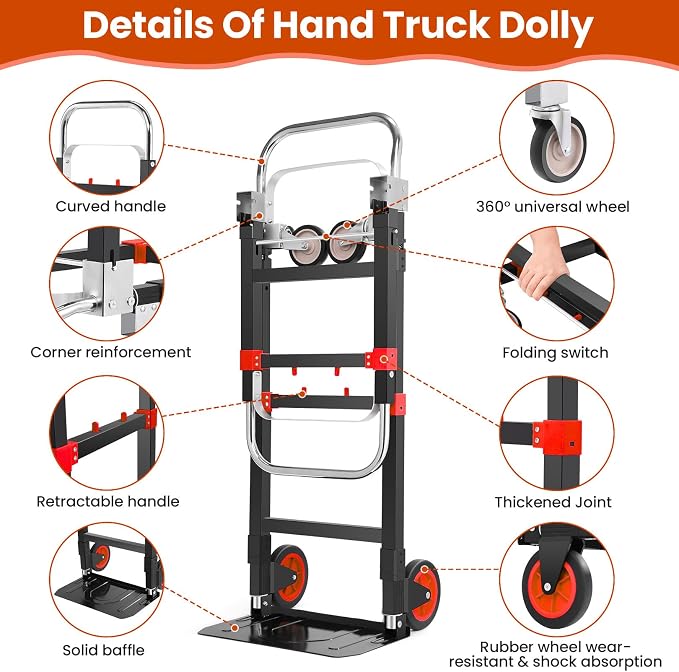3-in-1 Folding Hand Trucks, 600Lbs Convertible Hand Truck Dolly, Heavy Duty - Image 3