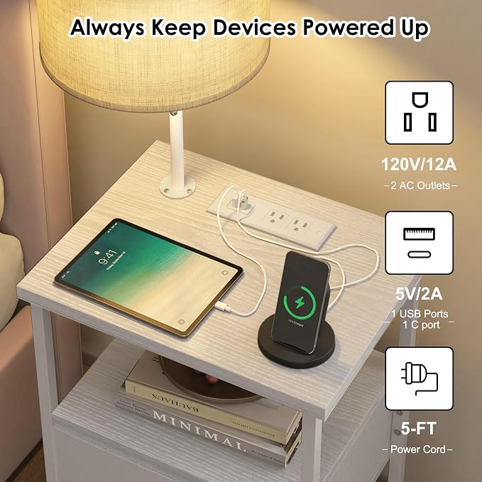 Fixwal Bedside Table with 3 Color Temperatures Bulb Attached, Nightstand with - Image 4