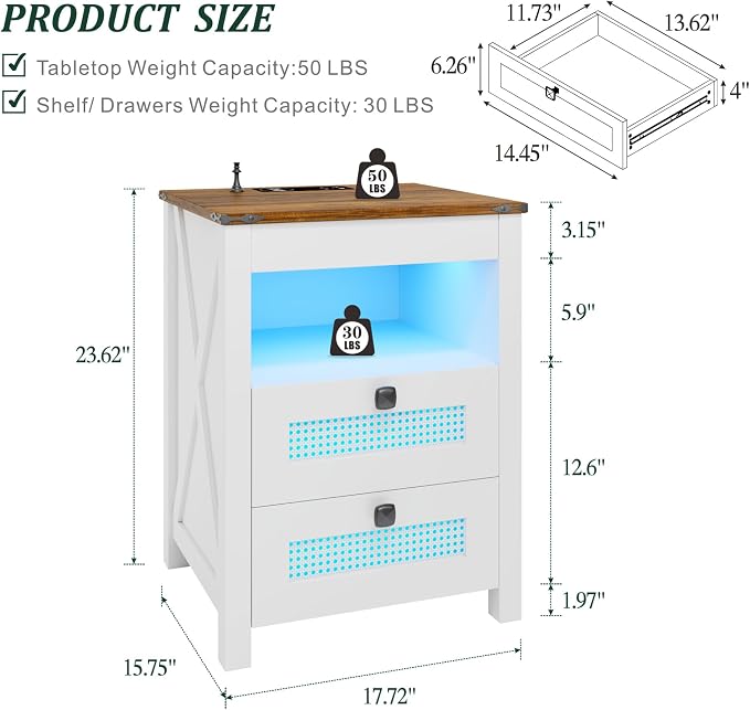 Nightstand with Gun Drawer, Rattan Bedside Table with Charging Station - Image 2