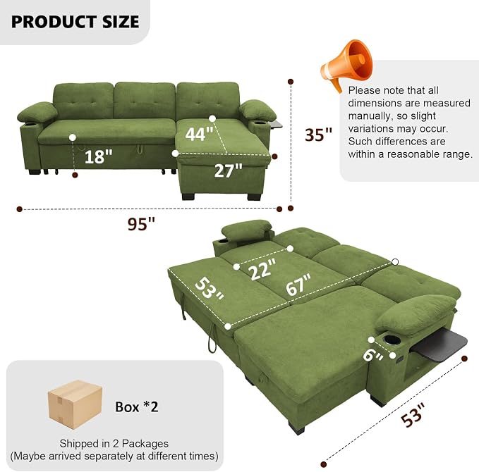 KCGKCG 93" L Shaped Sleeper Sofa Bed, Pull Out Couch Bed - Image 2
