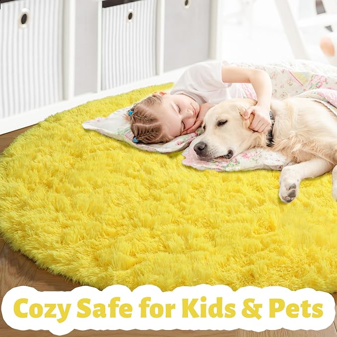 Amdrebio Yellow Fluffy Round Area Rug 5Ft - Image 2