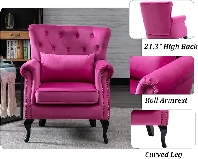 Set of 2 Mid-Century Modern Accent Chair, Velvet Armchair w/Tufted Back/Wood - Image 6