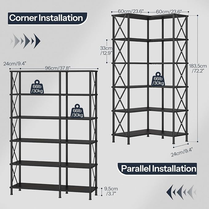 HOOBRO Corner Bookshelf, 6-Tier L-Shaped Bookcase, Industrial Open Display - Image 2