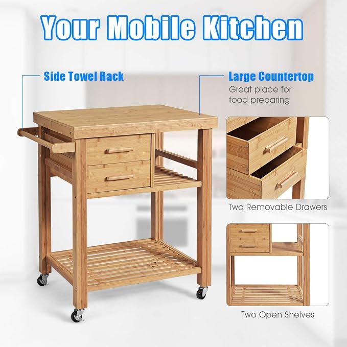 Giantex Kitchen Island, Bamboo Island Cart, Kitchen Trolley Cart on Wheels - Image 4