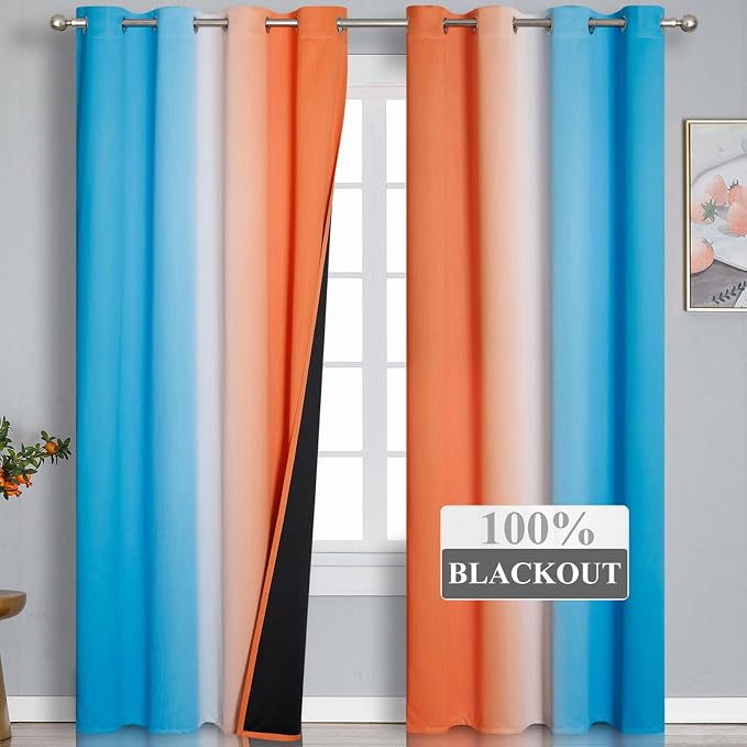 Ombre Orange and Blue Blackout Curtains 52Wx96L Inch Long | Gradient Curtains - Image 2