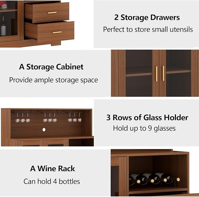 Auromie Wine Bar Cabinet with LED Light, Home Coffee Cabinet with Wine and - Image 6