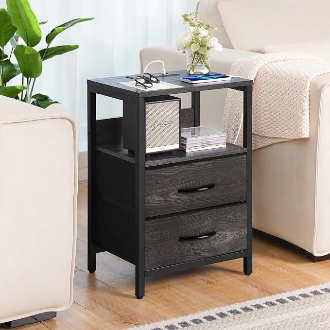 Yoobure Nightstand with Charging Station, Small Night Stand with Fabric Drawers - Image 2