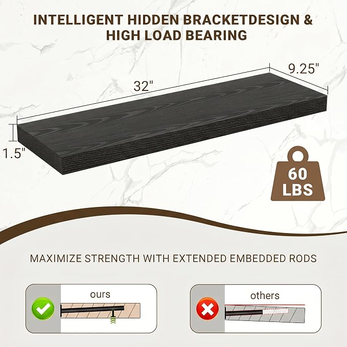 Acovy 32 Inch Floating Shelves, 3D Textured Wood Grain, Wooden Shelves - Image 3