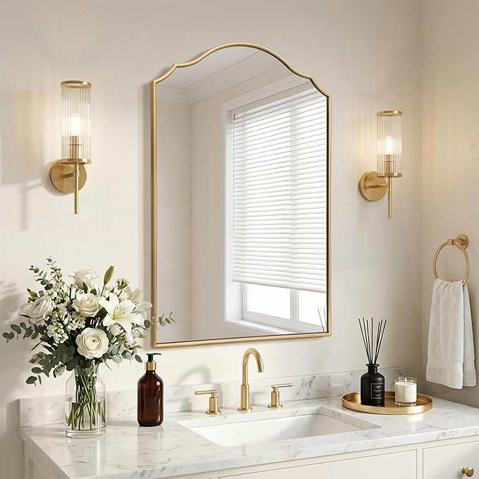 Besdomus Scalloped Gold Mirror for Bathroom: 24"x36" Minimalist Modern Arched by Besdomus
