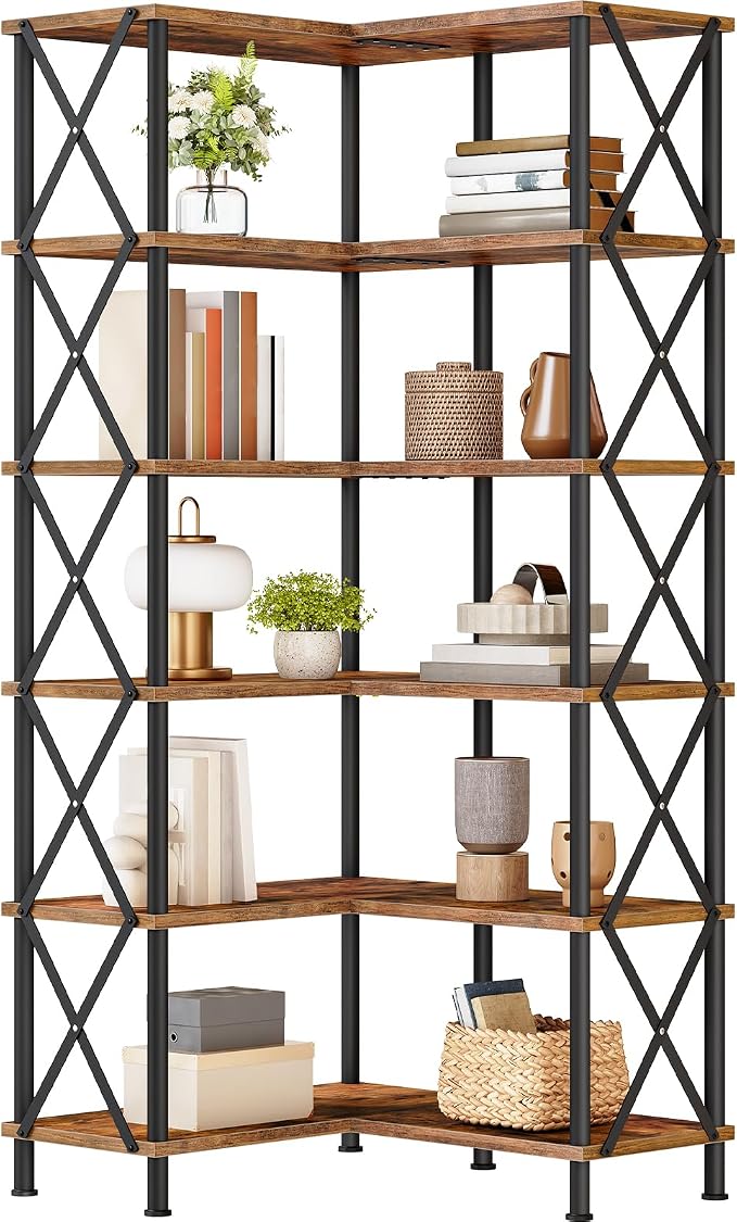 HOOBRO Corner Bookshelf, 6-Tier L-Shaped Bookcase, Industrial Open Display - Image 9