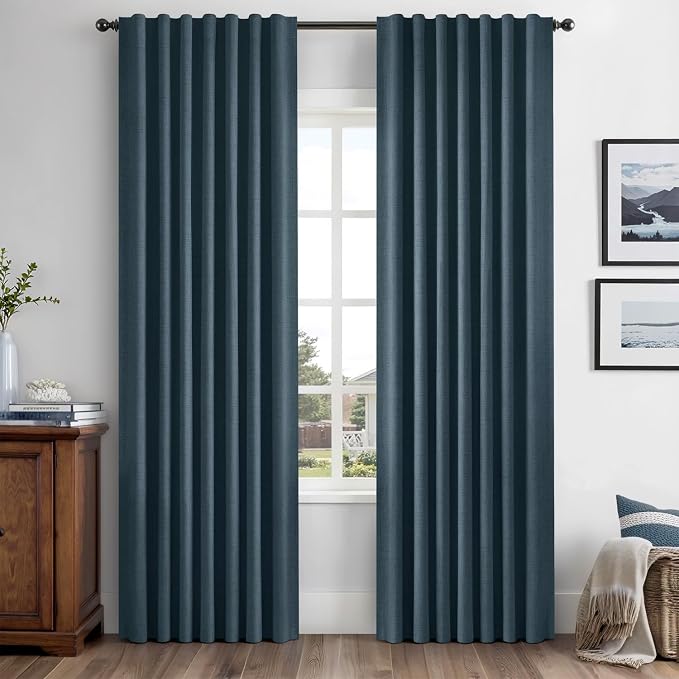 MIULEE 100% Blackout Linen Curtains 42 x 72 Inch Navy Blue 2 Panels | Thermal by MIULEE