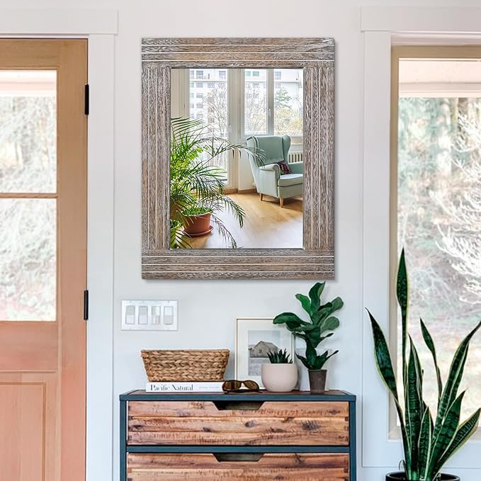 Wall Mirror Rustic Wooden Frame Rectangle Mirror Vintage Hanging Mirror - Image 3