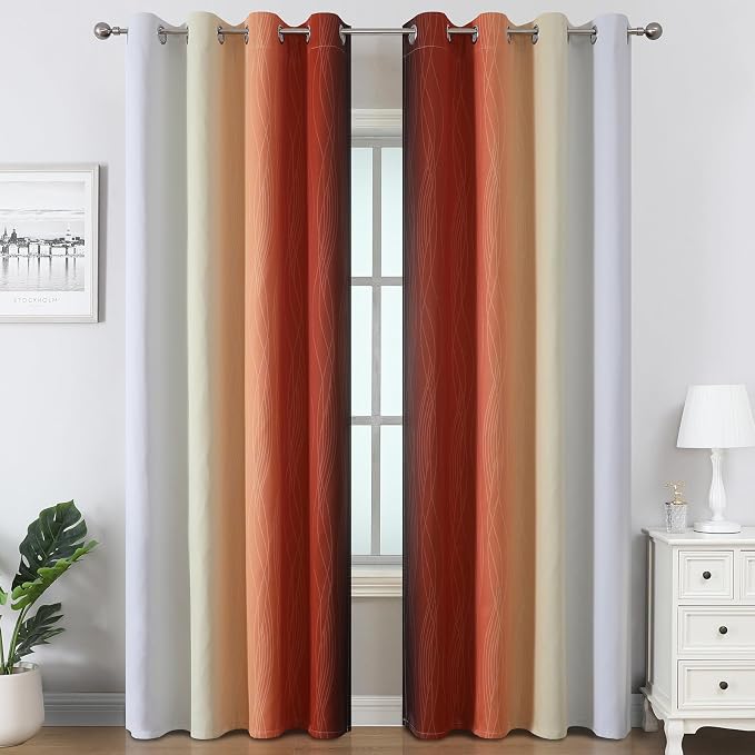 Burnt Orange and Greyish White Ombre Blackout Curtains 52Wx102L Inch Long | - Image 2