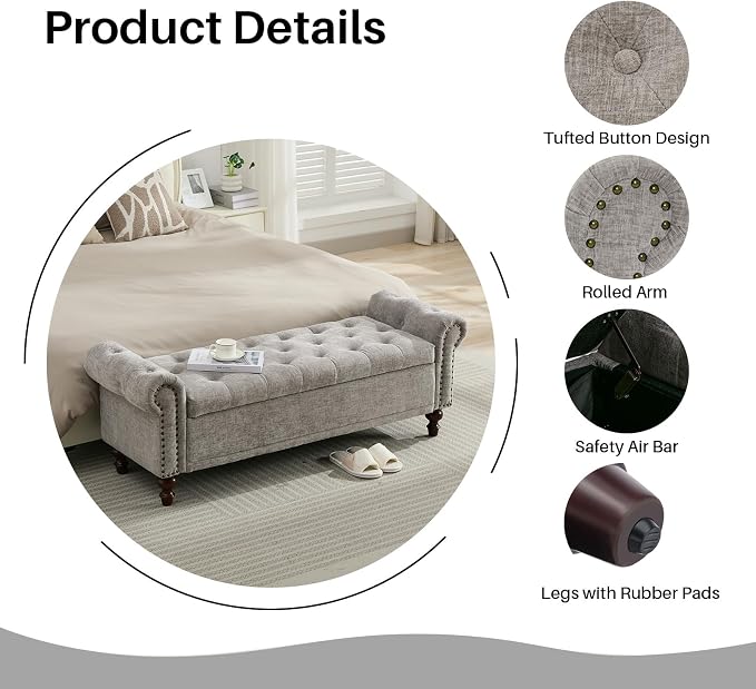 SOFTHION 58.1" Storage Bench Upholstered Chenille End of Bedroom Bed Bench - Image 4
