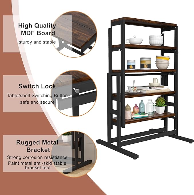 Convertible Dining Table, 2 in 1 Bookshelf to Kitchen Table, Space Saving - Image 4