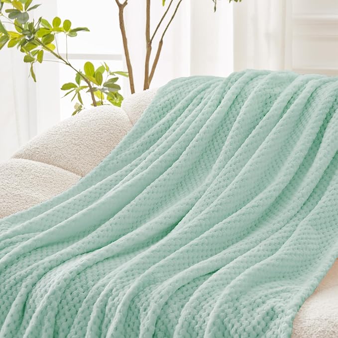Exclusivo Mezcla Soft Waffle Fleece Bed Blanket King Size, Mint Green | - Image 4