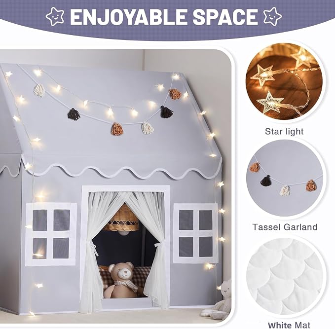 Kids Play Tent Indoor: Mat, Tassel Garland, Star Lights - Image 3