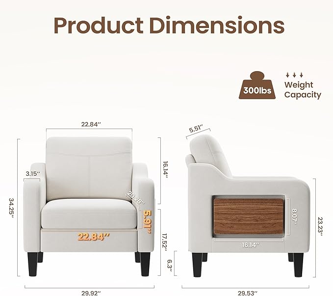 Accent Chair for Living Room Modern Linen Upholstered Armchair Side Wooden - Image 3