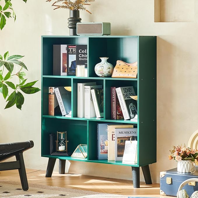 LEYAOYAO Cube Bookshelf 3 Tier Mid-Century Dark Green Modern Bookcase - Image 4