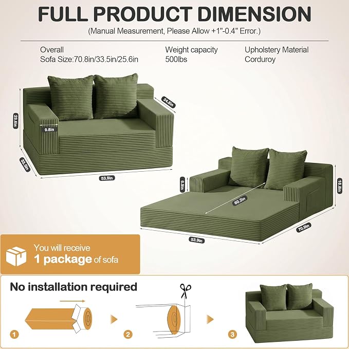 Erament Boneless Loveseat Convertible Sofa Bed, Folding Floor Futon Sleeper - Image 3