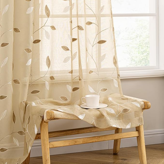MIULEE Khaki Sheer Curtains 2 Panels Embroidered Leaf Patterned, W52 x L96 | by MIULEE