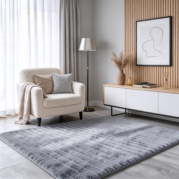 Blue Grey Rabbit Striped Plush Rug 4'x6', Fluffy Shaggy Area Rug by CHOVY