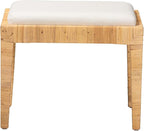 Modern Bohemian Natural Brown Rattan and Mahogany Wood Ottoman Cream Eclectic - Image 3