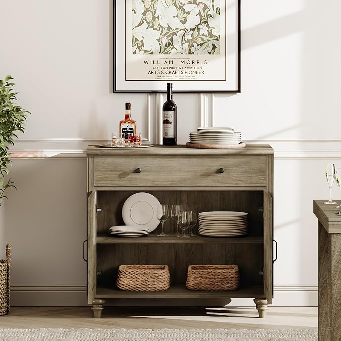 WAMPAT Buffet Cabinet with Doors & Drawer, Large Coffee Bar Table Wood Kitchen - Image 3