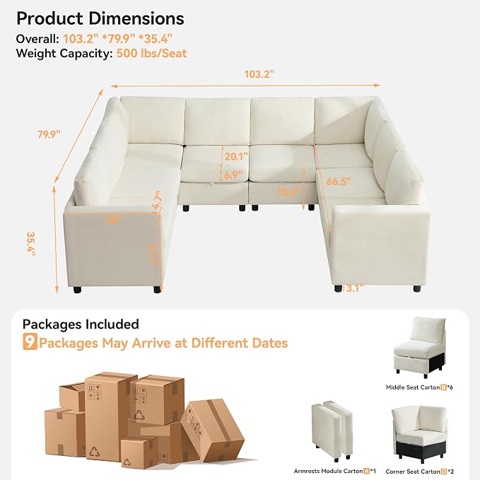 104'' U Shaped Modular Sofa, Sectional Couches - Image 2